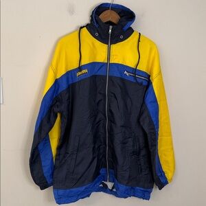 Marcel Clair windbreaker jacket hidden hoodie yellow navy blue lined pockets XL